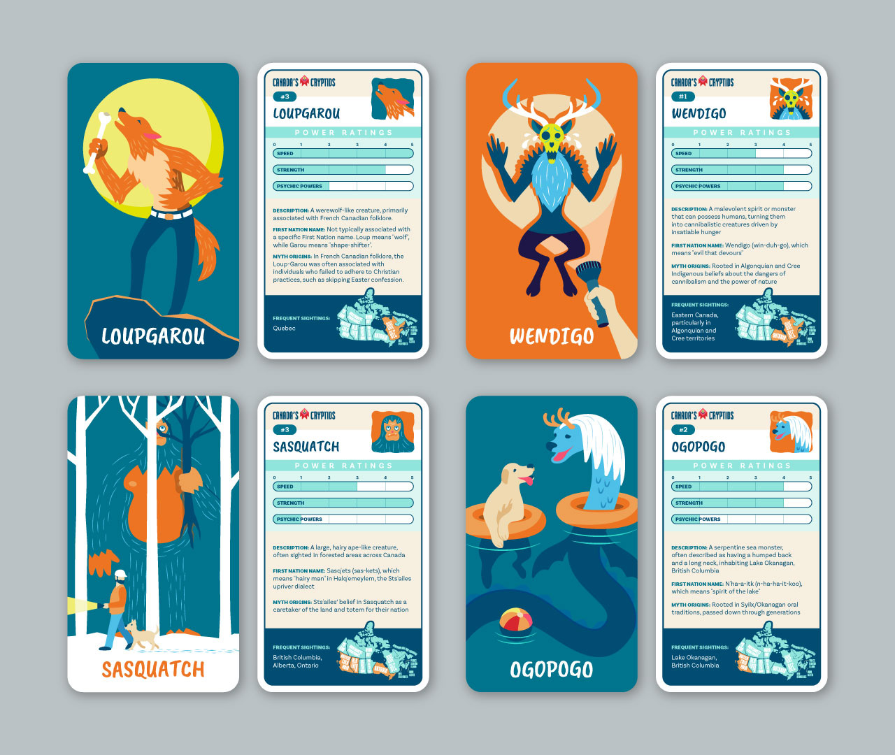 Set of illustrated Canadian Cryptid Trading Cards featuring mythical creatures like Loup Garou, Wendigo, Sasquatch, and Ogopogo.