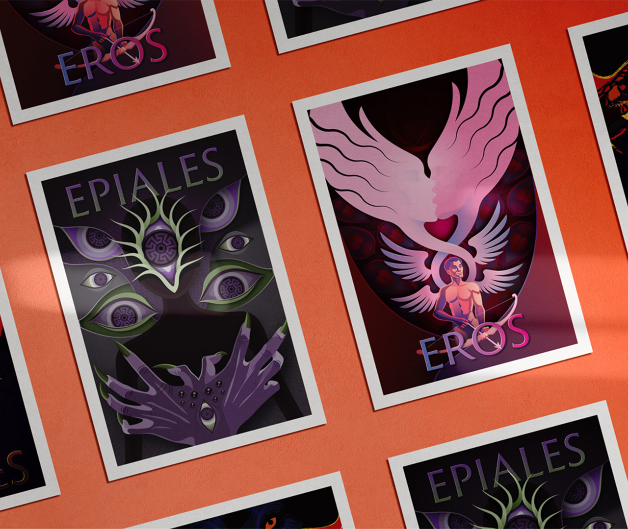 Set of illustrated posters inspired by Greek mythology, featuring stylized depictions of Eros, Epiales, and other Daemones of Emotion.