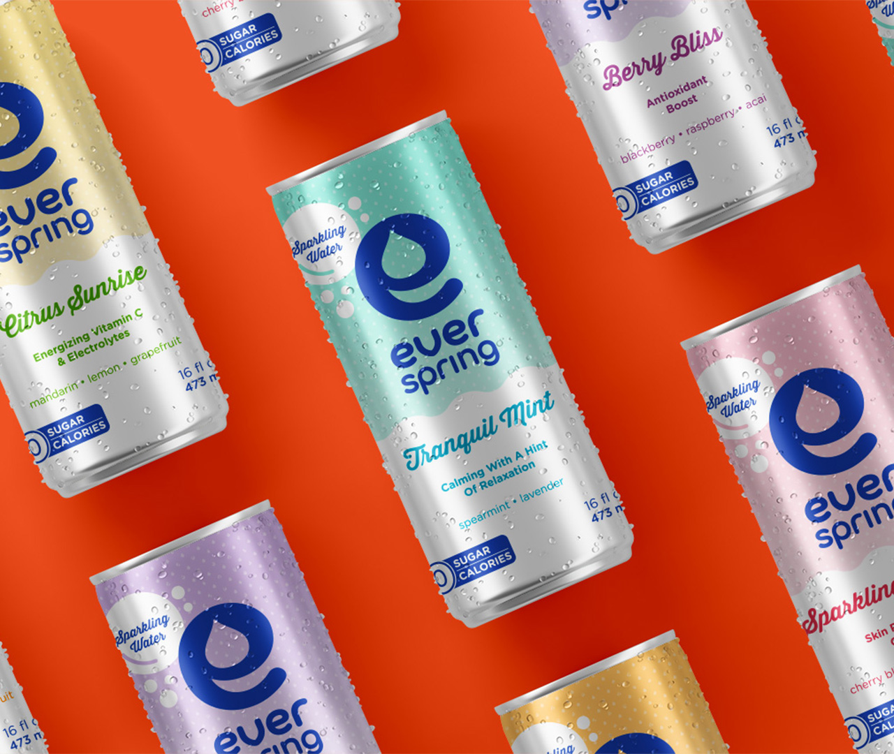 Colorful Everspring Sparkling Water cans with modern branding and condensation effect, displayed on a vibrant orange background.