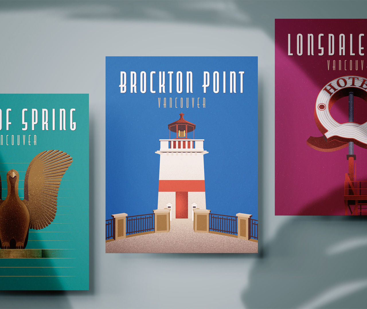 Stylized Art Deco-inspired postcards featuring famous Vancouver landmarks, including Brockton Point Lighthouse and Lonsdale Hotel.